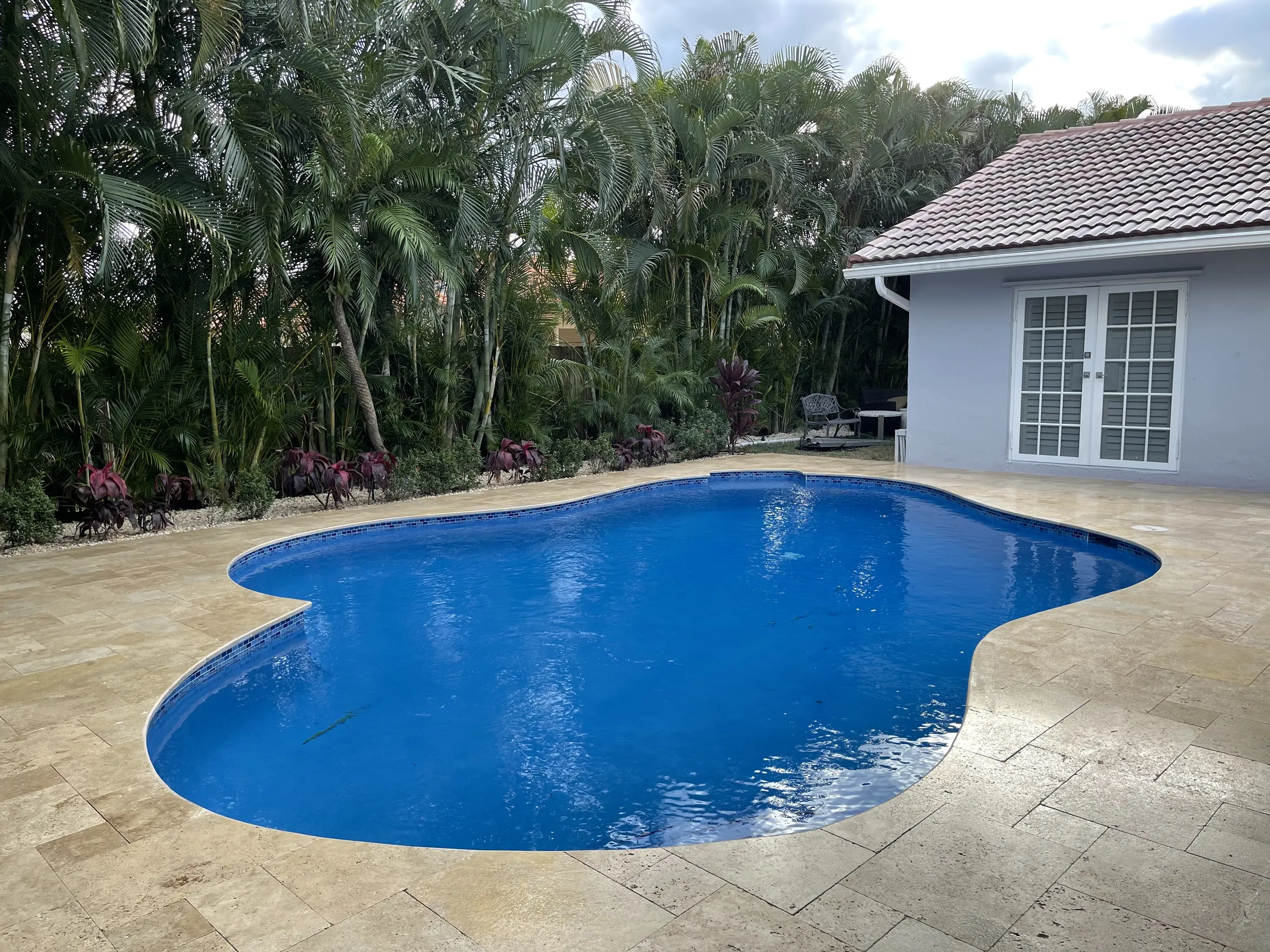 Freeform pool with a fresh blue interior and light stone pavers, framed by palms.